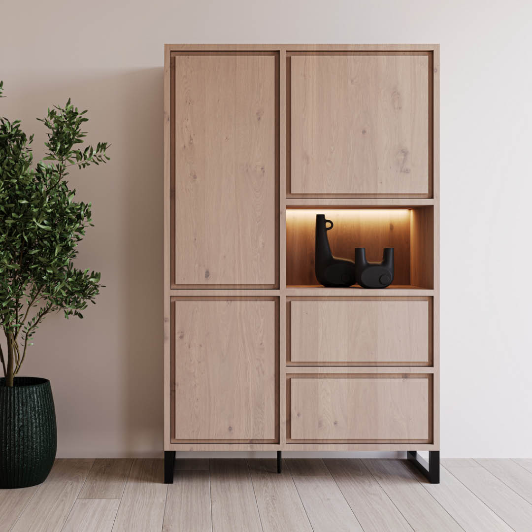 Moderne barkast in warme houtkleur met 3 deuren, 2 lades en een open nis met LED-verlichting. Het strakke design past perfect in een eigentijds interieur.