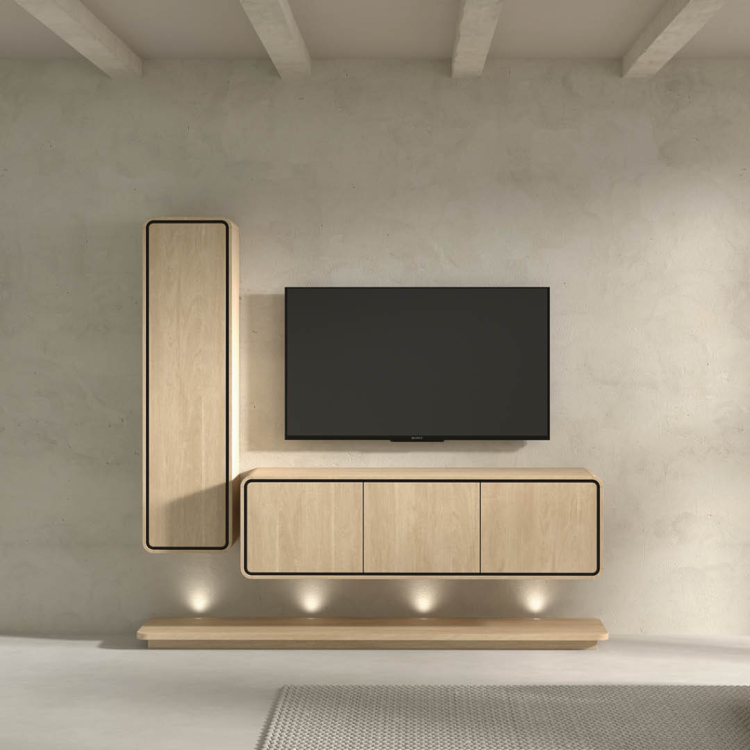 Modern zwevend TV-meubel in lichte houtkleur met afgeronde hoeken. Voorzien van 3 opbergvakken met deuren en een open zwevend plankensysteem.